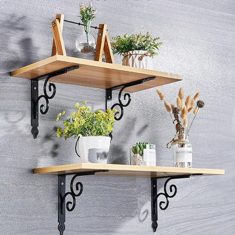 Heavy Duty Corner Brackets Four Pack L Shape Shelf Supports Rust Proof Iron Angle Braces For Secure Wall Mounting showcase with floral decor.