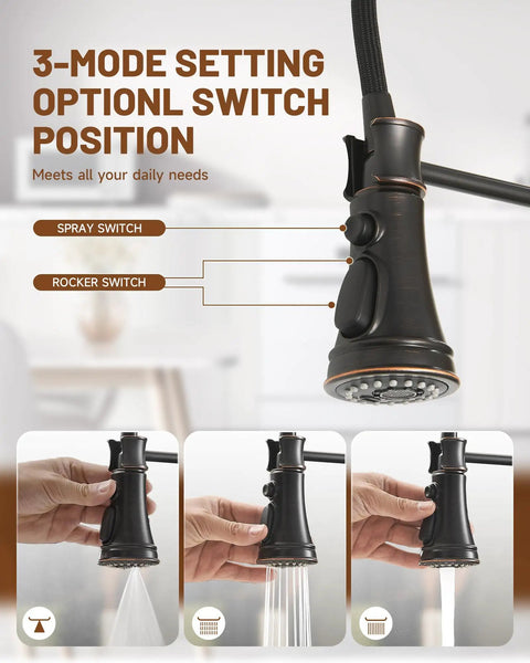 Oil Rubbed Bronze Kitchen Sink Faucet With Pull Down Sprayer, 3 Spray Modes, Solid Brass Commercial Single Handle High Arc Design