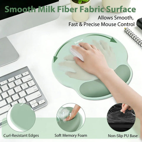 Hand using 3 In 1 Gel Memory Foam Keyboard Wrist Rest And Mouse Pad Set For Gaming And Office Comfy Ergonomic Cushion Breathable Surface Smooth Glide Wrist Support Sage Green Desk Setup Accessory with smooth milk fiber surface