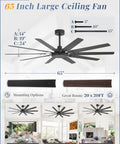 65 Inch Large Ceiling Fan No Light With Remote 6 Speed Reversible Quiet DC Motor 10 Blade Dual Color Black And Wood Grain Indoor Outdoor Ceiling Fan For Bedroom Living Room Patio Garage displayed with size dimensions and installation examples.