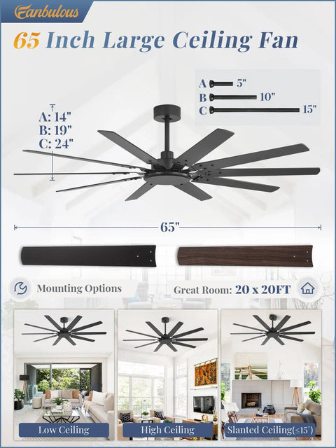 65 Inch Large Ceiling Fan No Light With Remote 6 Speed Reversible Quiet DC Motor 10 Blade Dual Color Black And Wood Grain Indoor Outdoor Ceiling Fan For Bedroom Living Room Patio Garage displayed with size dimensions and installation examples.