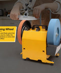 Dual Wheel Knife Sharpening System With 10 Inch 220 Grit Wheel And 8 Inch Leather Honing Wheel in use on a countertop