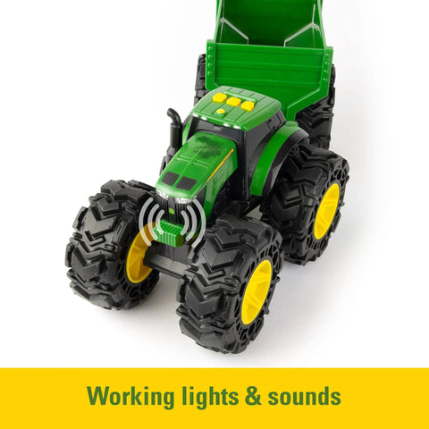 Rad Monster Treads Tractor Toy With Wagon Lights And Sounds Monster Truck Tire Action John Deere Farm Playset for kids 3+