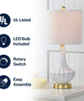 Dope White Ceramic Gold Ribbed Gourd Table Lamp 21.5 Inches With White Linen Shade, LED Bulb Included, UL Listed, Features Highlighted