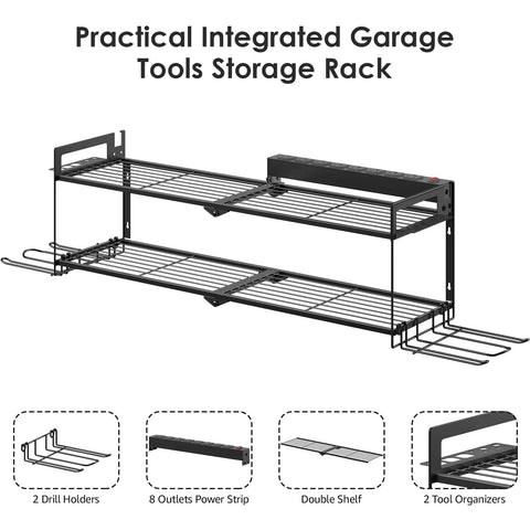 Heavy Duty Garage Tools Storage With Charging Station And Drill Holder Wall Rack Utility Shelf shown with metal construction.