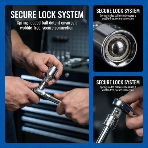 Six Piece Socket Adapter And Reducer Set For One Quarter, Three Eighths, And One Half Inch Drives With Must Have Pro Grade Conversions And Impact Ready Chrome Vanadium Steel Construction in use, showing secure lock system.