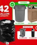 Heavy Duty 42 Gallon Trash Bags 3 Mil Thick Black Contractor Garbage Liners 50 Count shown with suitable bins for yard waste.