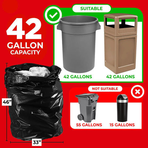 Heavy Duty 42 Gallon Trash Bags 3 Mil Thick Black Contractor Garbage Liners 50 Count shown with suitable bins for yard waste.