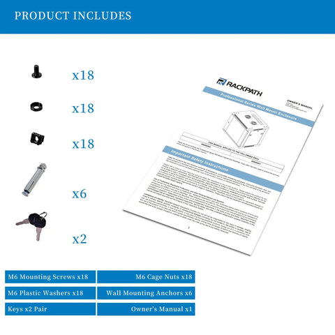 Included accessories for 6U Wall Mount Server Cabinet Enclosure With Quiet Cooling Fans 2x, showing screws, nuts, keys, and manual.