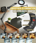 Ultra Long 3 Section Swing Arm Magnifier Lamp with Light and Clamp, real glass lens dimmable LED, showing 5 color modes