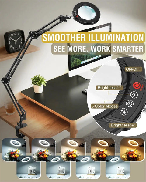 Ultra Long 3 Section Swing Arm Magnifier Lamp with Light and Clamp, real glass lens dimmable LED, showing 5 color modes