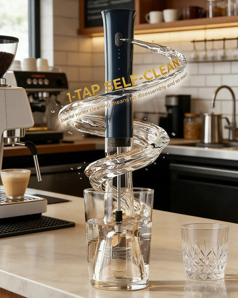 Rechargeable Milk Frother Handheld With Stand, Low Noise Electric Coffee Frother Wand self-cleaning in glass, kitchen background