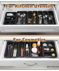 9 Piece Stackable Drawer Organizer Trays Set With Modular Design in use for kitchen utensils and cosmetics storage in drawers.