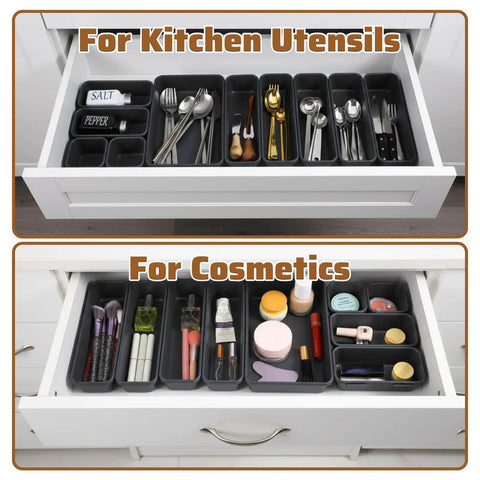 9 Piece Stackable Drawer Organizer Trays Set With Modular Design in use for kitchen utensils and cosmetics storage in drawers.