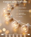 Outdoor String Light Set G40 100 Feet With 105 Edison Glass Bulbs, close-up on bulbs and cable connectors, warm glow visible