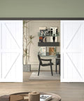 Low Profile 12 Foot Double Barn Door Hardware Kit In Aluminum Alloy Box Rail Track For Wooden Doors Smooth Silent Sliding With Shock Absorbing Rollers Noiseless Operation Easy To Install Black Finish Hardware Only installed.
