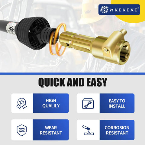 Heavy Duty PTO Extension Adapter For Tractors, One And Three Eighths Inch Six Spline Female And Male, Push Pin Quick Yoke, 70 HP PTO Shaft Extension, Alloy Steel Build, 6.375 Inch Overall Length, 4.125 Inch Extendable, Easy Quick Connect, gold PTO adapter with quick connect