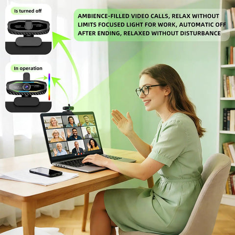 Woman using 1080P HD USB Webcam With Microphone For PC And Laptop for video calls, showing AI enhanced auto focus in low light setting.
