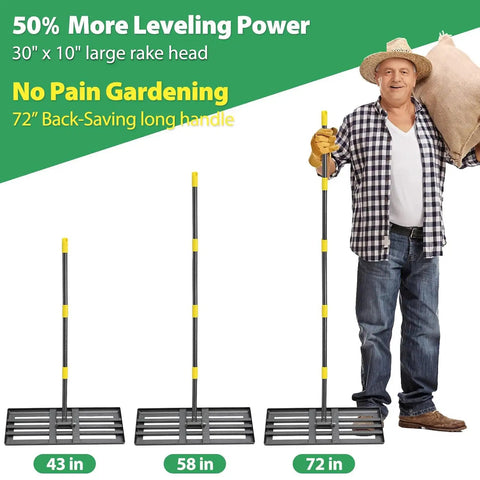 Pro Grade 6 Ft Lawn Leveling Rake With 30x10 Wide Head And Round Edge for smooth yard grooming with adjustable handle demo