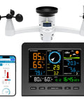 WiFi Weather Station With Rain Gauge And Moon Phase Indoor Outdoor Thermometer And Humidity Wind Speed And Direction Barometric Pressure Alarm Clock Real Time Home Weather Monitoring; displayed with mobile app and sensor hardware.
