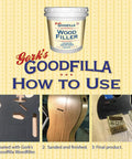 White Wood Filler For Grain And Surfaces, 8 Oz, Stainable, Tintable, Sandable, Zero Waste, Non Toxic, Made In USA, DIY Friendly For Cabinets, Furniture, Trim And Repairs, image shows wood filler with step-by-step use and final results.