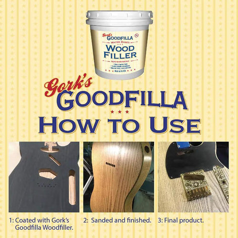 White Wood Filler For Grain And Surfaces, 8 Oz, Stainable, Tintable, Sandable, Zero Waste, Non Toxic, Made In USA, DIY Friendly For Cabinets, Furniture, Trim And Repairs, image shows wood filler with step-by-step use and final results.