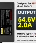 54.6V 2A Electric Charger for 48V Lithium Battery Packs 13S Li-Ion, showing output specifications and battery compatibility
