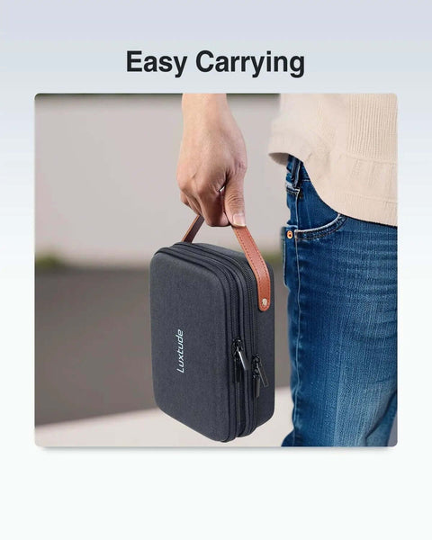 A person holding a Road Ready Double Layer Tech Organizer Case With Reinforced Hard Shell Design for easy portable cable storage.