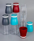 Assorted color water bottles with lids and cups, featuring 650ml Leakproof Grey Water Bottle With Direct Sip Lid Cup Elastic Carry Strap