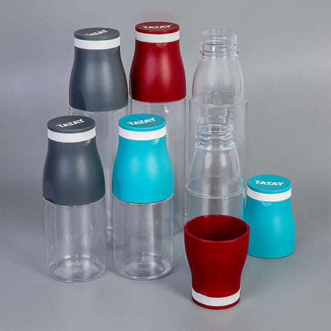 Assorted color water bottles with lids and cups, featuring 650ml Leakproof Grey Water Bottle With Direct Sip Lid Cup Elastic Carry Strap