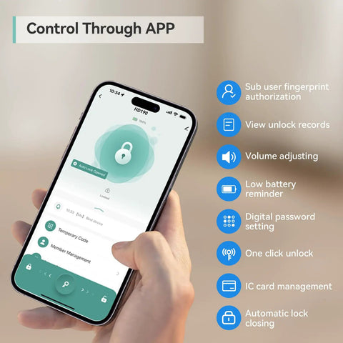Smart Lever Door Lock With Fingerprint And Keyless Entry, Tuya App Control showcased on smartphone screen in hand