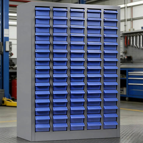 Heavy-Duty 100-Drawer Parts Storage Cabinet For Nuts And Bolts, Small Parts Organizer with ABS Drawers in workshop setting