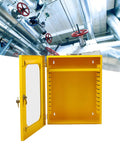 Tough As Nails Heavy Duty Lockout Tagout Station Wall Mounted Loto Cabinet With Shatterproof Clear Door, yellow with unlocked door and large interior.