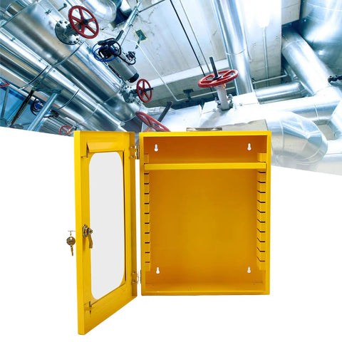 Tough As Nails Heavy Duty Lockout Tagout Station Wall Mounted Loto Cabinet With Shatterproof Clear Door, yellow with unlocked door and large interior.