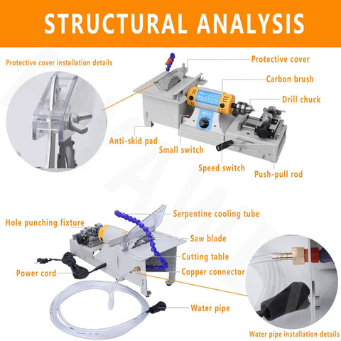 Powerful 750W Jewelry Bench Machine With Adjustable 800 To 10,000 RPM Speeds showing structural analysis and key components.