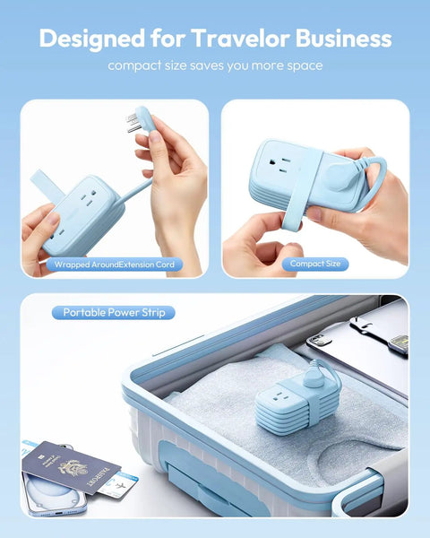 Packaging of Go To Travel Power Strip With USB Ports And Flat Plug Two Outlets And Three USB Ports Three Foot Extension Cord
