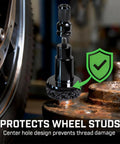Wheel Hub And Stud Cleaning Tool Kit For Brake Jobs, Rust Removal Disc used on rusty wheel hub next to a car tire