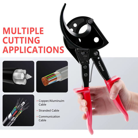 Ratcheting Cable Cutter For Copper And Aluminum Wires Up To Four Hundred Square Millimeters Capacity Built Like A Beast shown cutting various cables