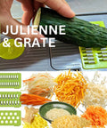 Front view of Amazin Goods all-in-one vegetable chopper with green blade attachments and built-in cutting board