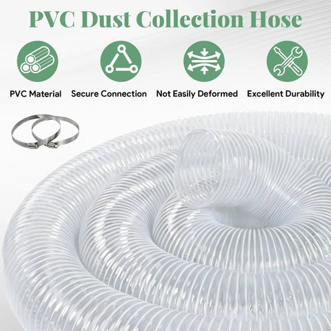 30 Ft Long 6 Inch PVC Dust Collection Hose Flexible Puncture Resistant Vacuum Hose With 8 Stainless Steel Clamps For Industrial And Home Use Clear Dust Extraction Hose For Secure Fittings coiled with clamps