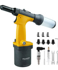 Pro-Grade Pneumatic Rivet Gun Kit With Self-Suction Auto Feed, 4 Interchangeable Nozzles and accessories, yellow handle