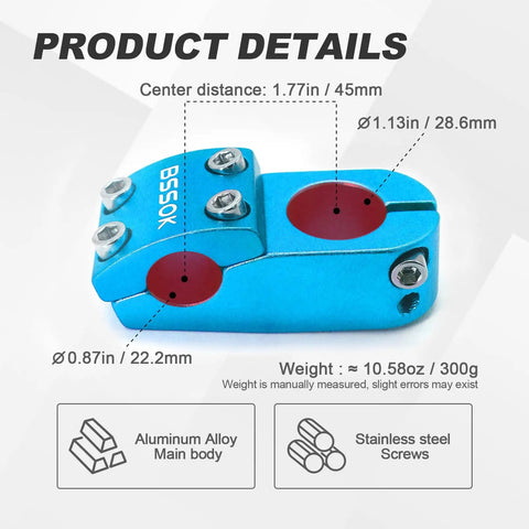 22.2mm BMX Stem 45mm Length Aluminum 6061 high strength freestyle handlebar for fixed gear bikes blue finish