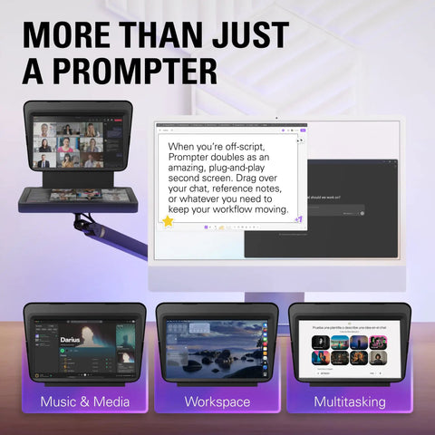 Top Shelf Teleprompter With Bright Built In Screen For Dead Simple Script Reading And Stream Chat Tracking Featuring Drag And Drop Setup, showcasing multitasking use.