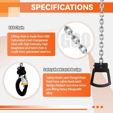 TKK Mini Chain Hoist with G80 galvanized chain and two safety-latch hooks, front view