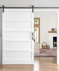 White 48x84 Inch Sliding Barn Door Slab With 8 Foot Hardware Kit, 5 Panel MDF Wood Door in Living Room Interior