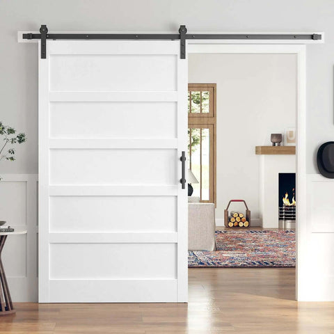 White 48x84 Inch Sliding Barn Door Slab With 8 Foot Hardware Kit, 5 Panel MDF Wood Door in Living Room Interior