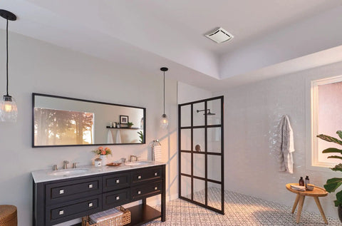Modern bathroom with installed Bathroom Ventilation Grille Upgrade QuickKit With 60 CFM Fan Motor Quiet 2.5 Sones White Finish