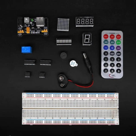 Ultimate STEM Electronics Starter Kit components including breadboard, sensors, remote, chips, and connectors displayed