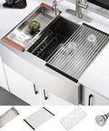 30 Inch Farmhouse Apron Front Sink In 16 Gauge Stainless Steel, Deep Single Bowl With Rear Offset Drain, accessories included