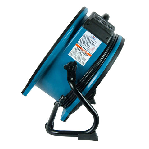 Real Heavy Lifter One Third Hp Sealed Motor Axial Air Mover Fan With Snappy Variable Speed Switch And Three Hour Timer Blue bulk crate showing side view with power cord.